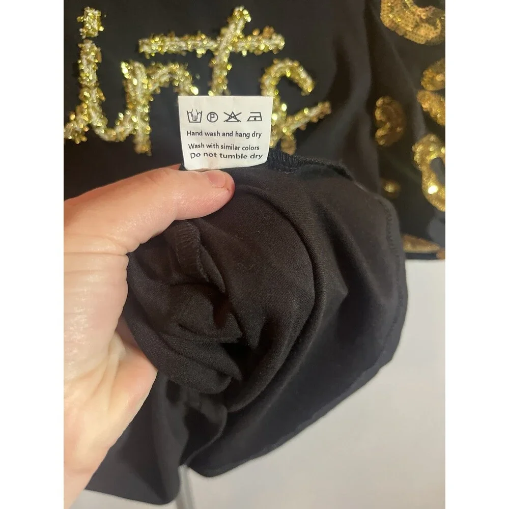 Sash Clothing Bar Saints Sequin Fleur De Lis Top XS Black Gold Puff Sleeve